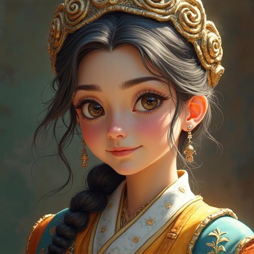 Portrait of a young girl in royal attire. She has long, flowing hair and adorned with an ornate hat. Her big eyes display curiosity and wonder. Background is softly blurred.