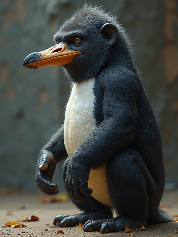 hybrid animal combining features of gorilla and penguin. Animal has a beak and feathers with a distinct posture. Looks realistic and engaging.