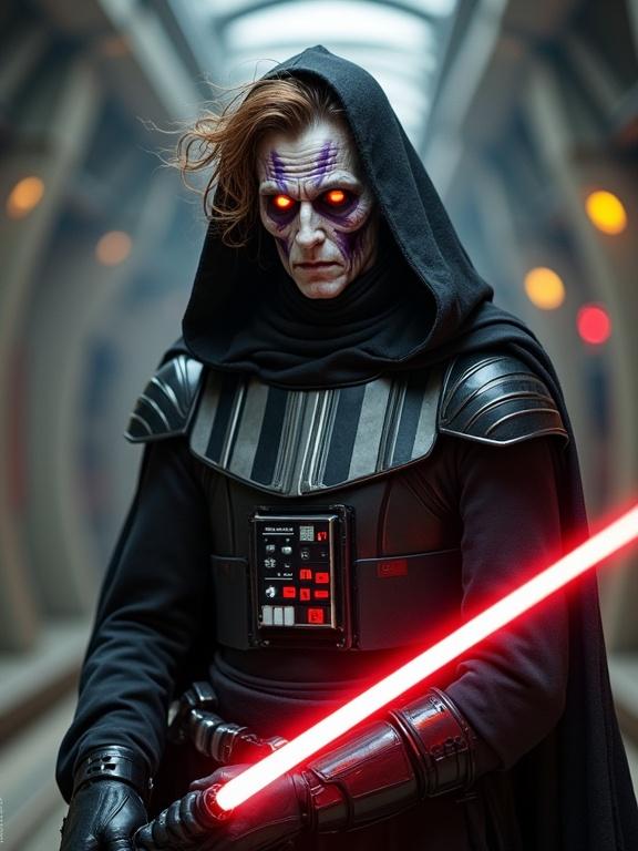 A menacing character inspired by Star Wars. The figure has sickly features with messy brown hair and stark white skin. Purple veins are visible under the skin. Yellow eyes with red rims convey malice. Dressed in a black robe with a hood and an armored breastplate. He holds a lightsaber glowing red in a military-like setting. A full body shot shows a sinister expression.