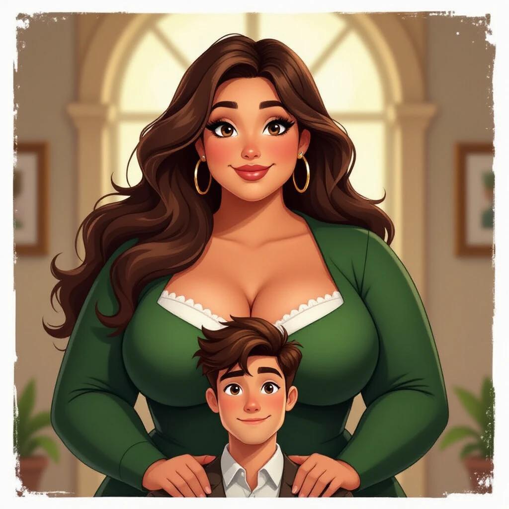 Scene depicts a tall and curvy woman standing confidently over a shorter man. The woman has long brown hair and is smiling. The man is shorter with brown hair. Background suggests an indoor setting with plants. Please note: faces are blurred for privacy.
