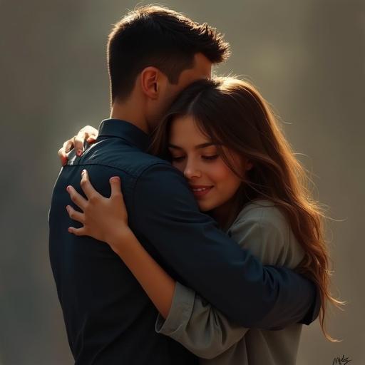 Digital painting depicting an intimate embrace between a man and a girl. Warm and muted tones create a romantic atmosphere. Soft lighting enhances the emotions of the moment. Claroscuro background adds depth. Focus is on the connection between the couple.