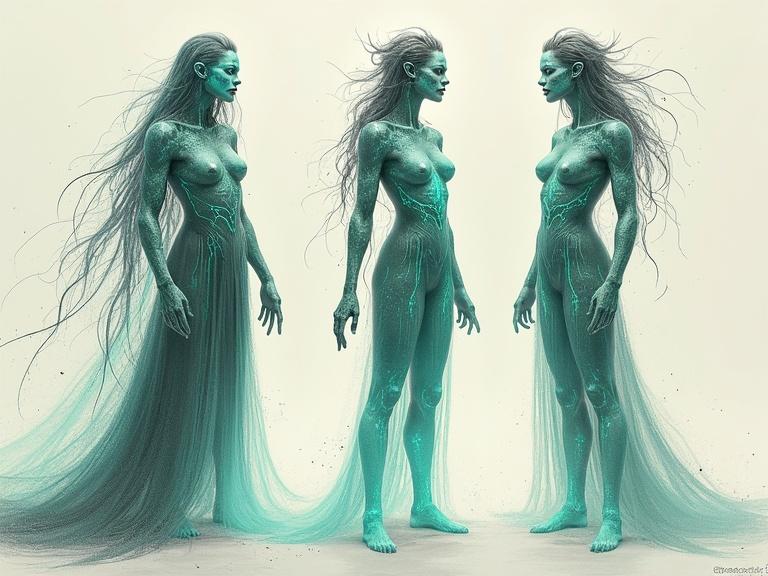Generate pencil sketches of the Mistress of the Copper Mountain. Character embodies mysticism and sci-fi elements. Display the character's ethereal form semi-transparent, woven with green-blue mist and copper crystals. Design includes flowing hair resembling molten rock. Show duality between beautiful and distorted features. Integrate living stone with glowing cracks and ancient Ural-themed clothing. Surround with floating crystals and ghostly shapes. Use rough pencil techniques with turquoise and copper accents.