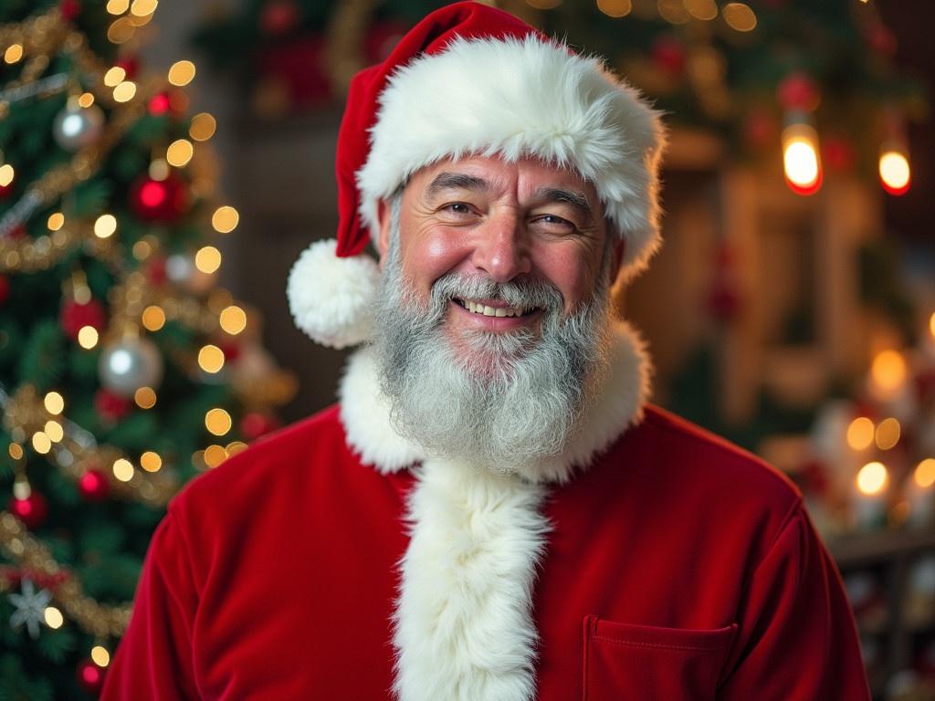 The man is wearing a Santa Claus costume, complete with the traditional red coat, white beard, and Santa hat. He stands in front of a beautifully decorated Christmas tree, adorned with twinkling lights and colorful ornaments. The atmosphere is festive and cheerful, capturing the spirit of the holiday season. The background is filled with various Christmas decorations, creating a warm and inviting setting. It's a joyful scene that embodies the essence of Christmas celebrations.