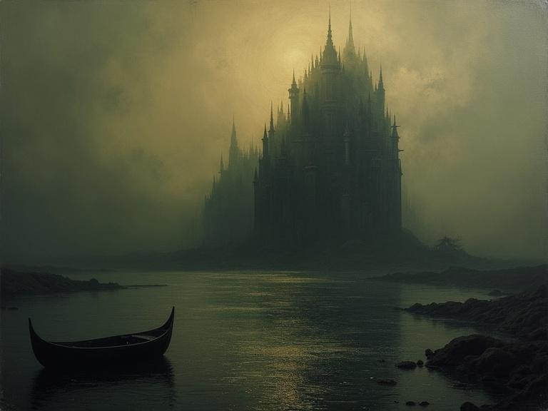 Landscape painting featuring dark body of water and complex architectural structure. Scene shrouded in moody atmosphere with earthy tones dominating. The structure serves as the visual focal point under dark, moody lighting. Overall impression evokes mystery and solitude.