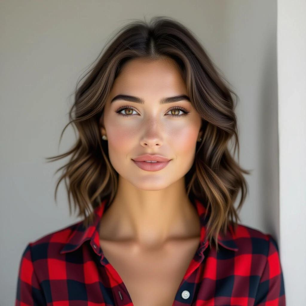 Image of a woman standing straight on with head turned slightly left. She looks directly into the camera. Expression is confident and curious. Dark brown, wavy hair. Fair skin with freckles. Amber brown eyes reflecting warm light. Wearing a navy blue and red tartan plaid shirt with white lines. Neckline is off her right shoulder. Brightly lit with natural light.