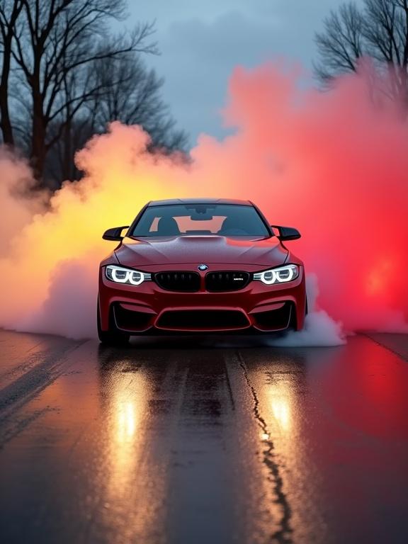 Red BMW M4 performs burnout on wet road at dusk. Thick clouds of white, yellow, red smoke. Car faces viewer head-on with glowing LED headlights. Slick pavement reflects car and colorful smoke. Silhouettes of bare trees in background under overcast sky. Ultra-realistic style with rich lighting and detailed reflections.