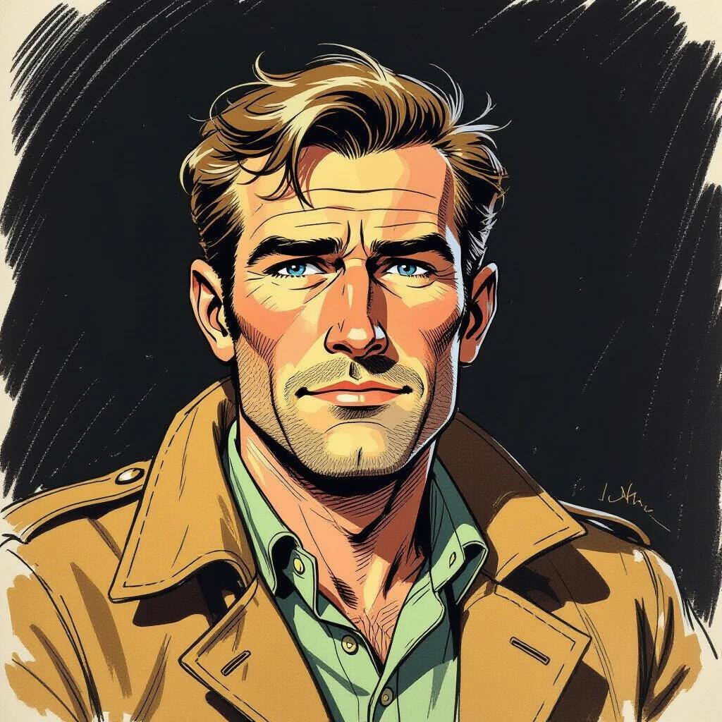 Character portrait styled as Bob Morane. Illustration shows a heroic figure in a beige trench coat. The character has an expressive demeanor. Strong lines and bold colors used for artistic effect.