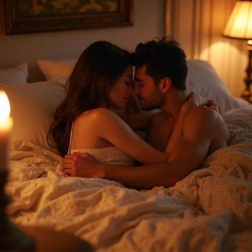 Couple entwined in an intimate embrace on beautifully adorned bed with soft linens and warm candlelight. Shot with a Canon EOS R5 and a 35mm f/1.4 lens. Romantic and sexy atmosphere with warm ambient light on skin. Captured from a low angle to highlight closeness and chemistry. Focus on tender expressions and intertwined hands. Luxurious textures of bedding softly blur in background, emphasizing connection.