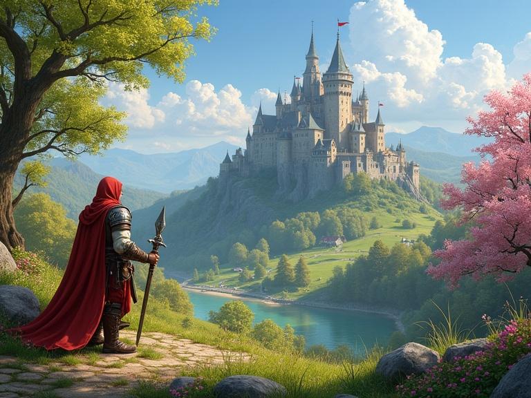 A fantasy landscape with a adventurer in red cloak standing by a river. A majestic castle is in the background. Spring flowers bloom.
