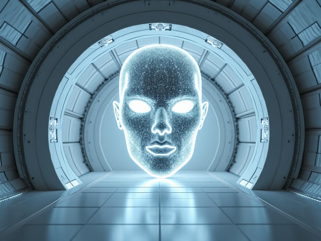 3D holographic face with glowing eyes in a sleek alien interior, surrounded by reflective DNA shaped towers and smooth sci-fi flooring, dark blue filter, detailed and realistic textures.