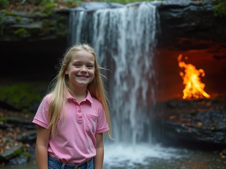 A smiling girl with long blonde hair in a pink polo shirt stands in front of a waterfall. The water cascades over dark rocks. A flame flickers behind the waterfall. The surrounding area has fallen leaves and moss. The lighting is soft, indicating an overcast environment.