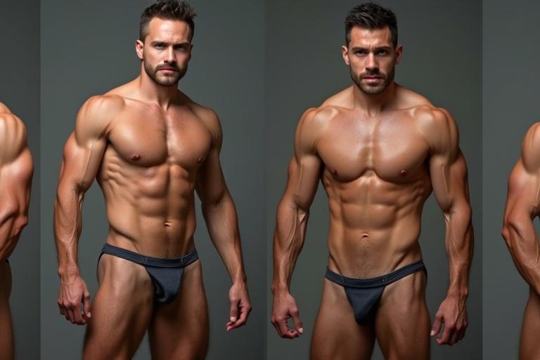 Sequence of muscle transformation showing various angles of a muscular male figure in a close-up format. Highlight muscular features with dramatic lighting. Focus on attractiveness and fitness aesthetics.