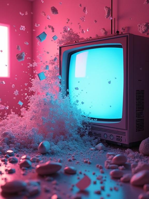 90s Tokyo style aesthetic with exploding pastel tube televisions and shattering glass. Pieces of televisions extend from the wall. High detail in colors and lighting.
