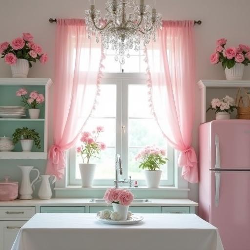 A kitchen featuring a color scheme of white, light pink, and pale aqua. A crystal chandelier hangs above a kitchen sink area. There are cute white flower pots filled with pink roses on white shelves on either side of a large window. A pink refrigerator is present. The window is adorned with pink rose print ruffle curtains. A pink rose print white tablecloth covers a white table.