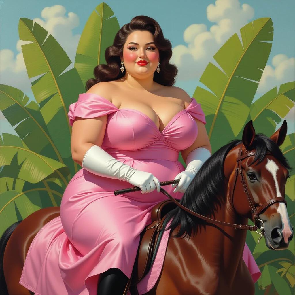 Plump woman elegantly riding a horse. Wears a pink satin dress and white gloves. Holds a riding crop. Background features oversized tropical banana leaves. Painted in a whimsical and surreal style. Exaggerated proportions and bold colors evident.