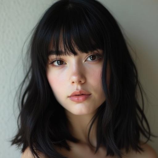 Young woman with black hair and bangs. She has a cute appearance with a soft, natural expression. The lighting highlights her features beautifully.