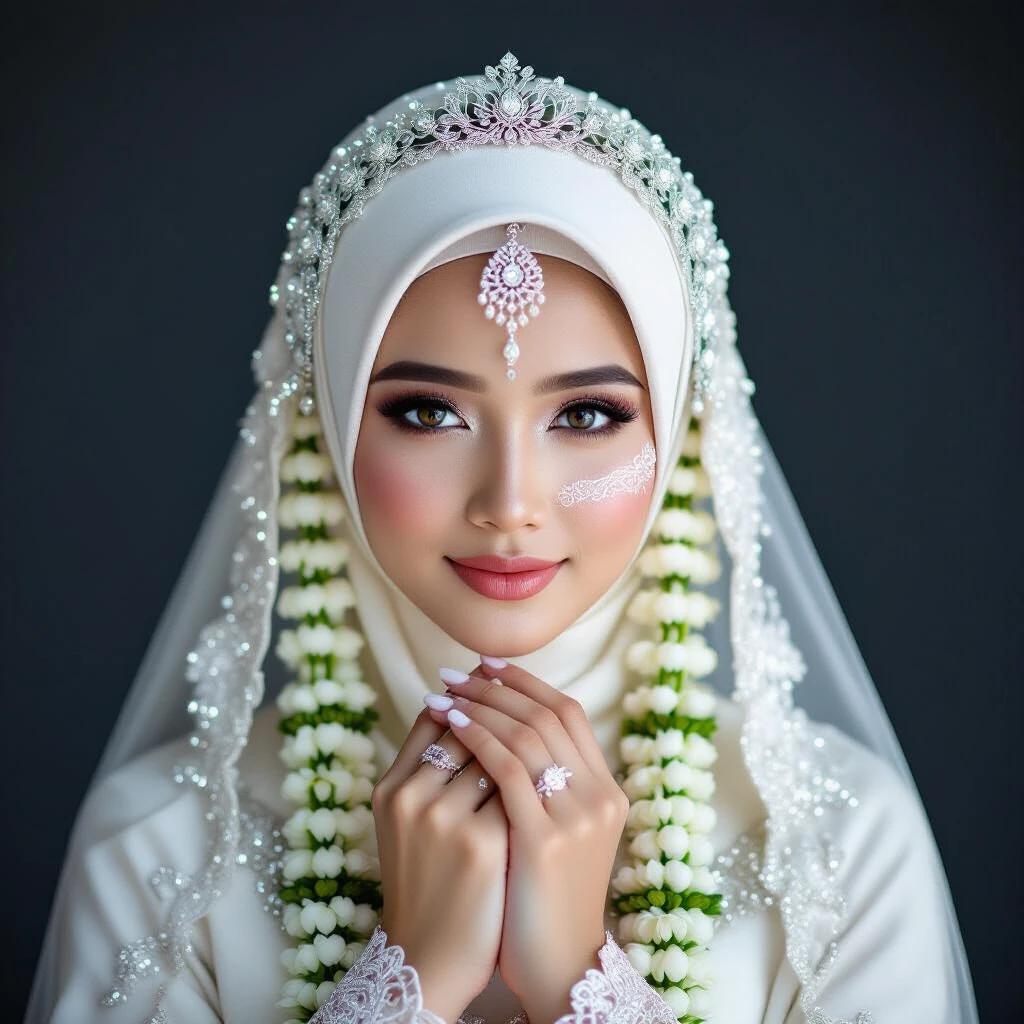 A stunning portrait photograph of a young Javanese woman. She wears traditional bridal attire. A soft white hijab and a shimmering silver headpiece with gemstones. Cascading jasmine garlands frame her face. Delicate white Henna art on her half-covered cheek. A sparkling wedding ring is on her ring finger. The background is a softly blurred charcoal gray. Gentle directional lighting highlights her glowing skin and jewelry. Captured with high-quality camera equipment. Emphasis on beauty, serenity, and strength.
