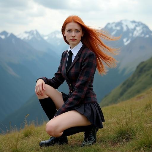 Realistic portrait of a young woman. Long red hair flows in the wind. Kneeling on grassy mountain field. Wearing vintage-style school uniform with dark plaid blazer. White shirt with black tie. Pleated skirt and knee-high socks. Confident pose with one knee raised. One hand rests on lap. Dramatic mountain peaks in the background. Cloudy sky provides atmosphere. Soft natural lighting enhances scene.