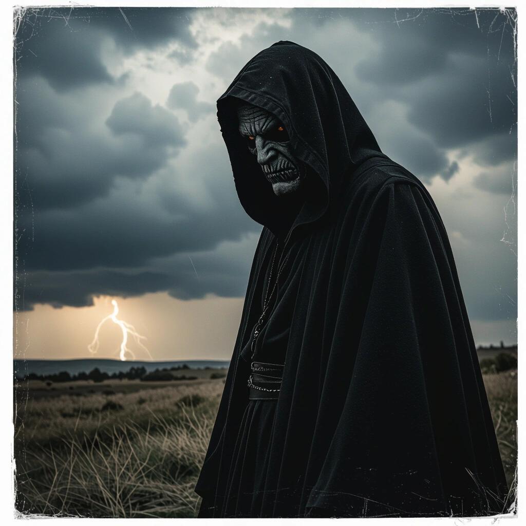 rock album cover featuring an evil faced figure in a black robe under storm clouds. The scene is dark and epic with a raw photo style.