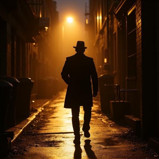 Cinematic image of a man walking at night in a classic film noir style. Dramatic chiaroscuro lighting creates strong light and shadow contrast. High contrast black and white color treatment. Dutch angle close-up shot in an urban alley with dramatic shadows. Classic 1940s film noir atmosphere during golden hour with warm backlighting casting long shadows. Rich golds and amber tones dominate. Shot from a low angle for heroic perspective. Cinematic realism with depth of field.