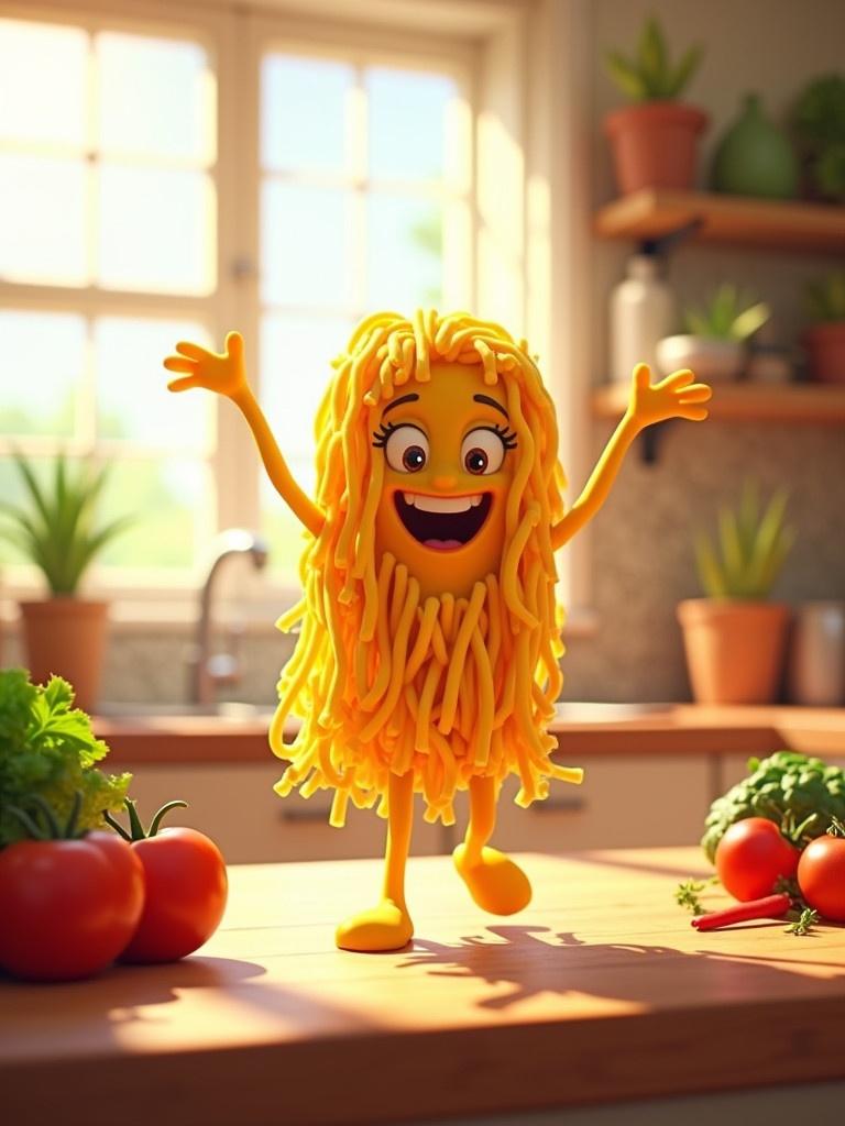 Bright cheerful kitchen filled with fresh vegetables A happy noodle character dances joyfully on a countertop Surrounded by tomatoes greens and kitchen supplies Noodle has a playful smile and arms raised in excitement The sun shines through a window Enhancing the vibrant colors of the scene