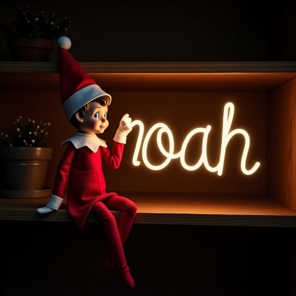 This image features a boy elf on a shelf, dressed in the classic red and white outfit. He is holding a glow stick that forms the name 'noah' in bright light. The background is dark, making the glow of the text even more prominent. This cheerful scene evokes the essence of Christmas. It captures the festive spirit and the joy that comes with the holiday season. You can almost feel the warmth and magic radiating from the glowing letters.