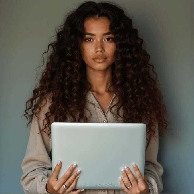 A woman with voluminous curly hair gazes seriously while holding a laptop, wearing an orange blouse in a softly lit room.