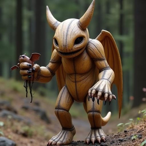 Wooden monster character stands in a forest holding a bat. Detailed design with horns and wings. Natural lighting accentuates the wooden texture.