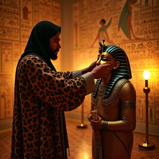 Hyper-realistic photograph of an ancient Egyptian mummification ritual in a sacred embalming chamber. A priest in a leopard skin robe places a golden funerary mask on a noble young man. The mask features blue and red inlays. Another priest reads a protective incantation from a papyrus scroll. The walls are adorned with hieroglyphics and a mural of Isis, lit by flickering oil lamps.
