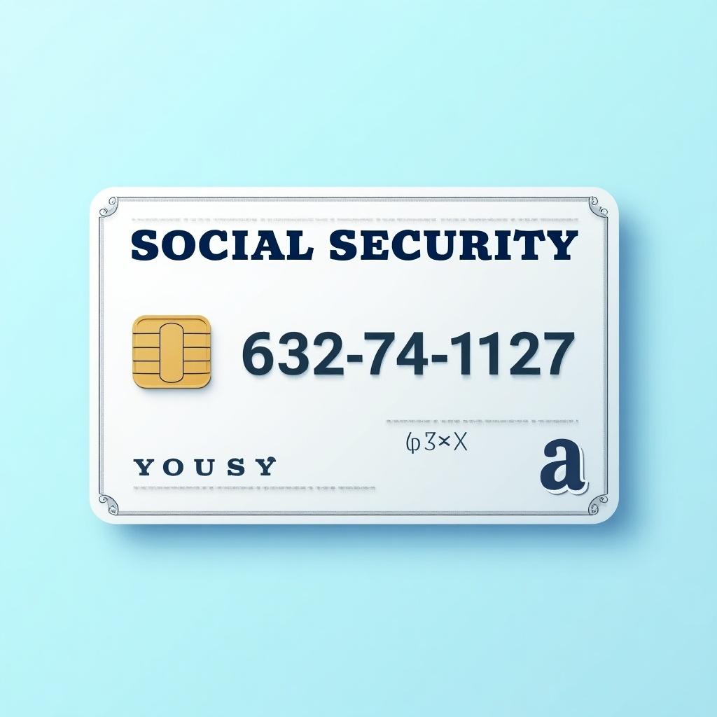 Depiction of a generic social security card with prominent text SOCIAL SECURITY. Key numbers 632-74-1127 shown. A graphic chip displayed for modern identification. Decorative elements emphasize official nature. Background is soft blue. Design is realistic and clean. Highlights importance of social security identification.