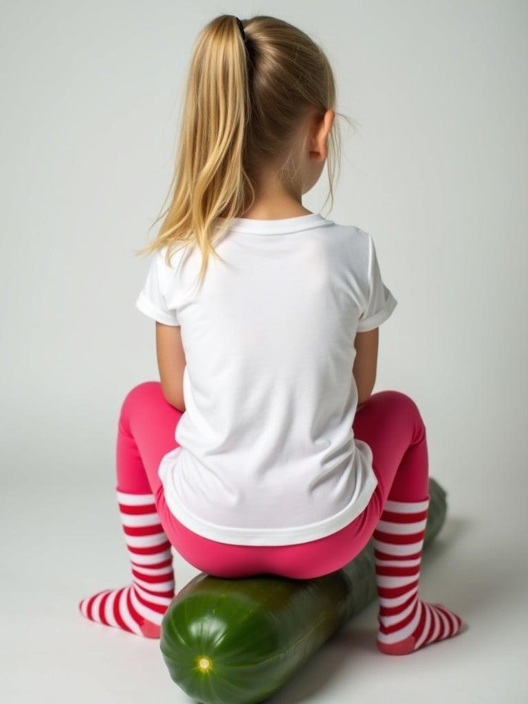 6 year old girl with blonde hair wearing white t shirt and pink leggings. She is sitting on a cucumber with her back facing the camera. She has red and white striped socks.