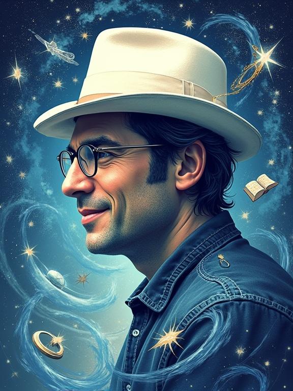 Stylized logo of fictional thirty years old author. Profile view with soft smile. Man wears white fedora and glasses. Clean face. Surrounded by swirling elements. Represents science fiction and fantasy. Includes stars, books, clock gears, cosmic energy, ancient runes. Painterly and expressive style. Color palette has deep blues, silver, white, and golden highlights. Atmosphere is magical and creative.