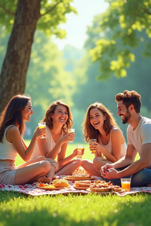 Scene of four friends enjoying a cheerful picnic in a sunny park. They sit on a picnic blanket surrounded by green grass and trees. Each person laughs and enjoys drinks. Various dishes spread out make the picnic inviting. The bright atmosphere reflects a perfect day for outdoor activities, showcasing companionship and leisure.