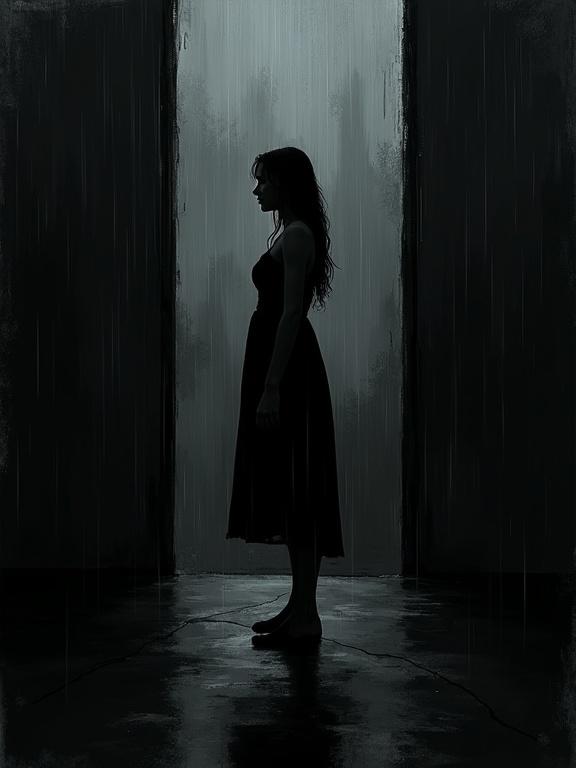 Digital oil painting showcasing a silhouette of a woman in the rain. Strong negative space with a black background. Harsh brush strokes create an abstract mood. Logo design elements present with rough edges. Surreal shapes enhance the illustration.