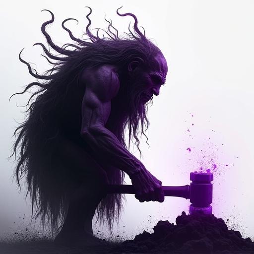 Double exposure silhouette of a wight hammering steel with purple aura around