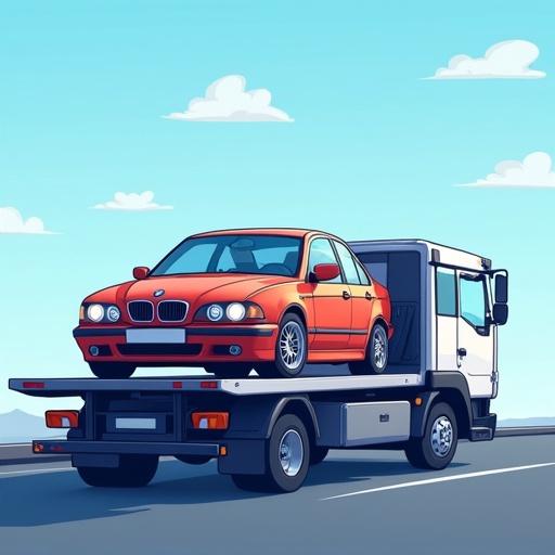 Tow truck with BMW car on the flatbed. Cartoon style. Shades of blue in the background. Logo design concept.