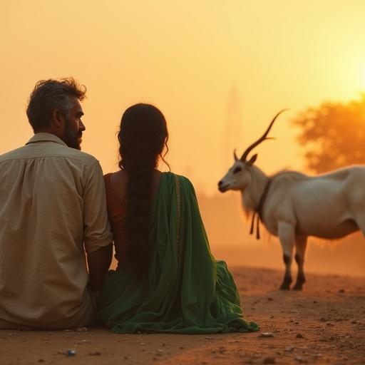 Cinematic style image of a man and a woman sitting on a dusty village road during golden hour. They are wearing traditional attire. The woman has long hair and warm eyes. A majestic goat stands nearby. Background shows a masjid. The scene is filled with warm golden light.