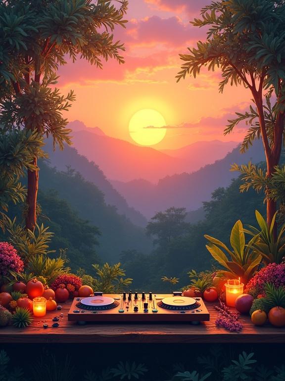 Vibrant and unique image featuring DJ services in a forest clearing at sunrise. Sky painted in orange pink and gold. Sunlight illuminating the scene. Central focus on a wooden DJ table decorated with subtle anarchy symbols and bamboo equipment. Surrounding representation of fresh fruits and vegetables artistically arranged. Natural elements like leaves flowers and crystals integrated with technology. Small animals peacefully interacting with the setting. Colorful sound waves emanating from speakers transforming into light particles. Floating banner with organic stylized text 'ANARCHO BEATS' or 'NATURE VIBES'. Atmosphere of tranquility and energy with subtle LED lights pulsing to the rhythm.