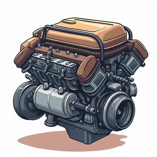 Cartoon style illustration of an engine with an oil filter. The engine is detailed with various parts shown in a playful manner.