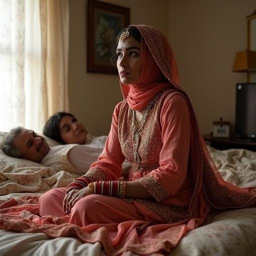 A woman in traditional Pakistani dress sits on the bed. She looks sad while her husband lies beside her. The setting is their bedroom with soft lighting.