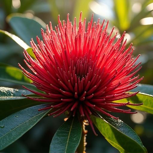 Blooming waratah flower in crimson color with green eucalyptus leaves in soft sunlight. Focus on hyper-realistic botanical illustration style.