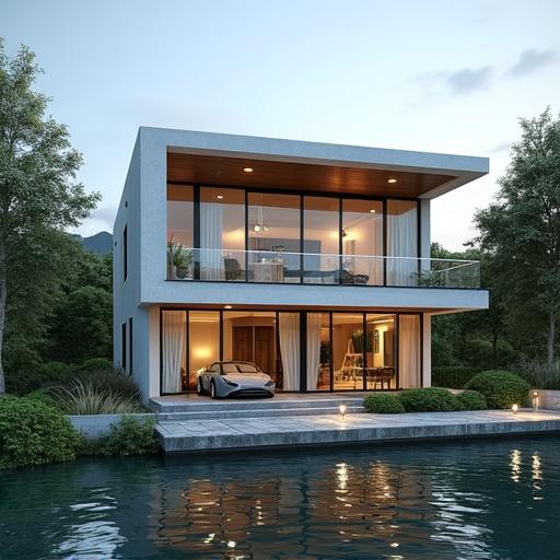 Design of a two story house by the riverside. Modern residential buildings reflect on a peaceful waterway with lush surroundings. Front elevation design of a 2 BHK house. Modern architecture blends modern style with practicality. Ideal for city settings reflecting nature and contemporary design.