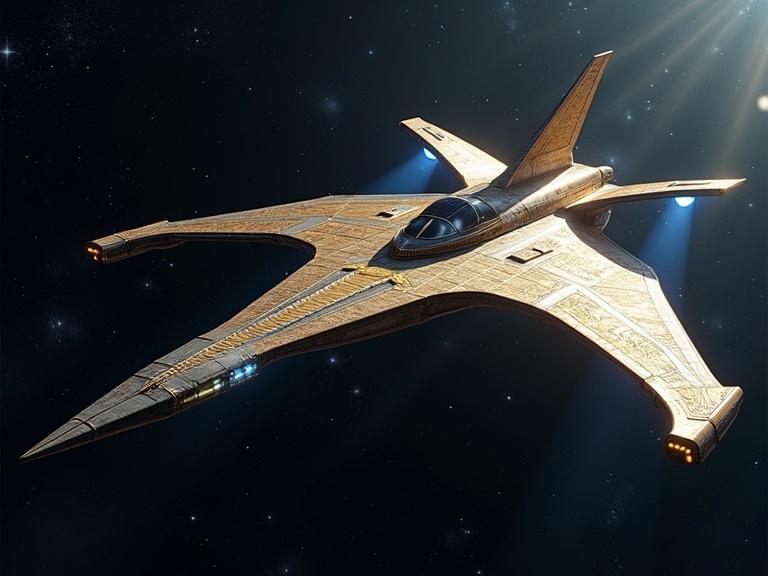 A spaceship designed with Egyptian influences. Features curves based on Pharaonic styles. The prow resembles Horus' head. Curved wings inspired by Osiris extend upward. Engraved panels with hieroglyphics shine with a golden hue. Ion thrusters glow blue in space. Ship set in starry background with galaxy visuals. Lighting highlights metallic surfaces. A sense of technological advancement and ancient mystery is present. Atmospheric haze surrounds the craft.