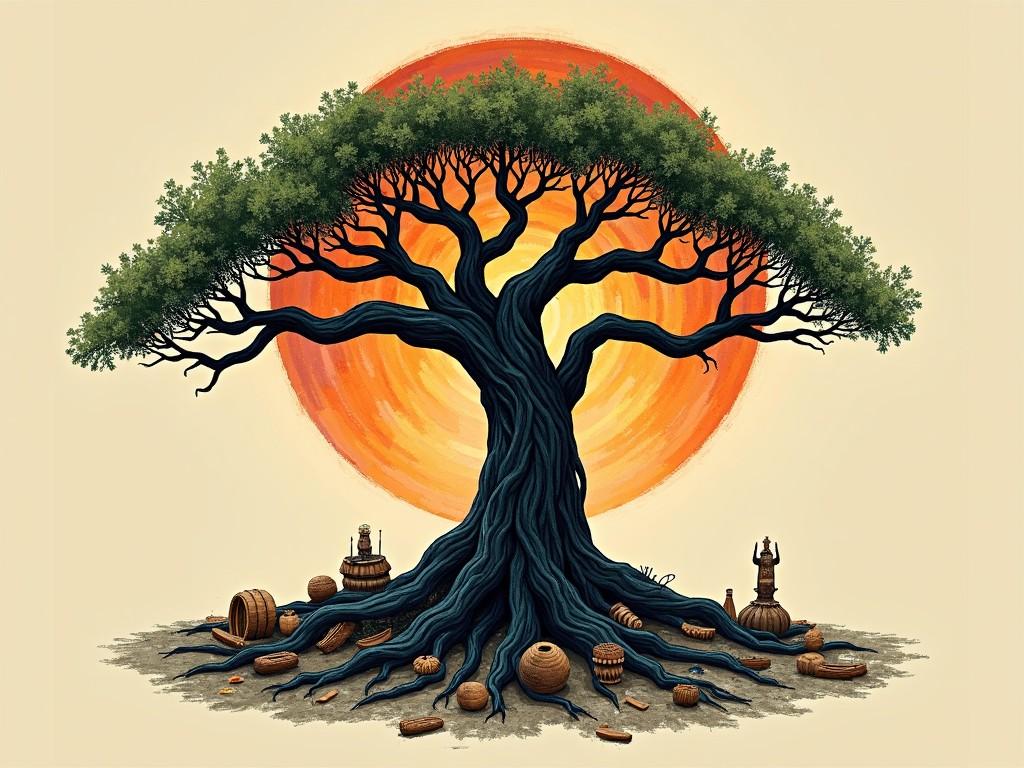 This image showcases a large tree with intricate branches and roots, set against a vibrant orange sunset. The tree is thick and detailed, symbolizing strength and resilience. Around the base of the tree are various natural elements such as barrels and pottery, indicating a connection to tradition and craftsmanship. The warm colors evoke feelings of tranquility and harmony with nature. Overall, the artwork conveys a strong message about environmental respect and the importance of nature in our lives.