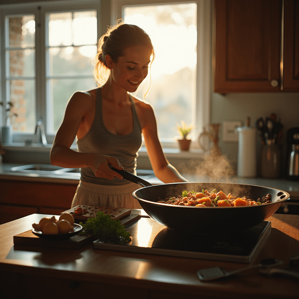 The image captures a serene kitchen scene during the golden hour, with warm sunlight filtering through a window, casting a soft glow on the room. A young woman is actively cooking, stirring ingredients in a large, steaming skillet placed on a stovetop. She wears a casual, light-colored tank top and is focused on her task. On the countertop, there are fresh parsley and lemons, indicating a preparation of a bright, fresh dish. The kitchen is cozy and inviting, with wooden cabinets and minimalist decor, including a small, potted plant by the window.