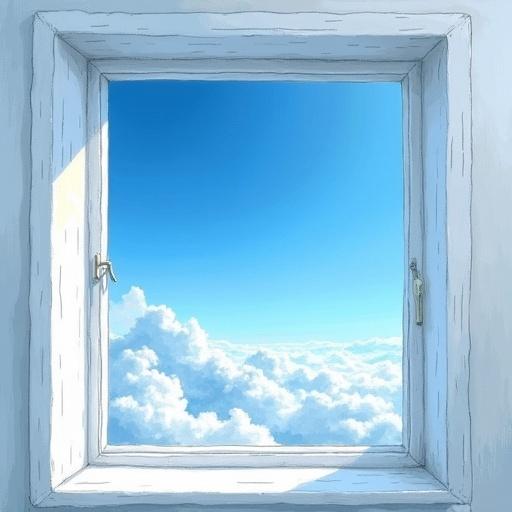 An open white frame window shows a bright blue sky with fluffy white clouds. The atmosphere should feel calm and serene, inviting the viewer to gaze beyond.