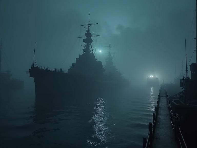 Dark naval shipyard at night with fog surrounding a large battleship. Eerie lighting and a cinematic atmosphere in 1940s style with realistic details.