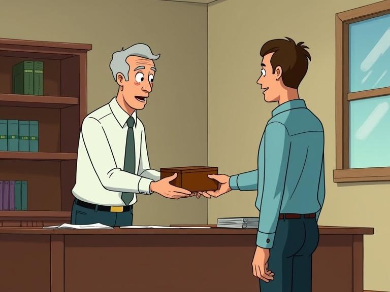 Scene features two cartoon characters in an office setting. The older man hands a small wooden box to the younger man. The office has bookshelves and a desk with papers.