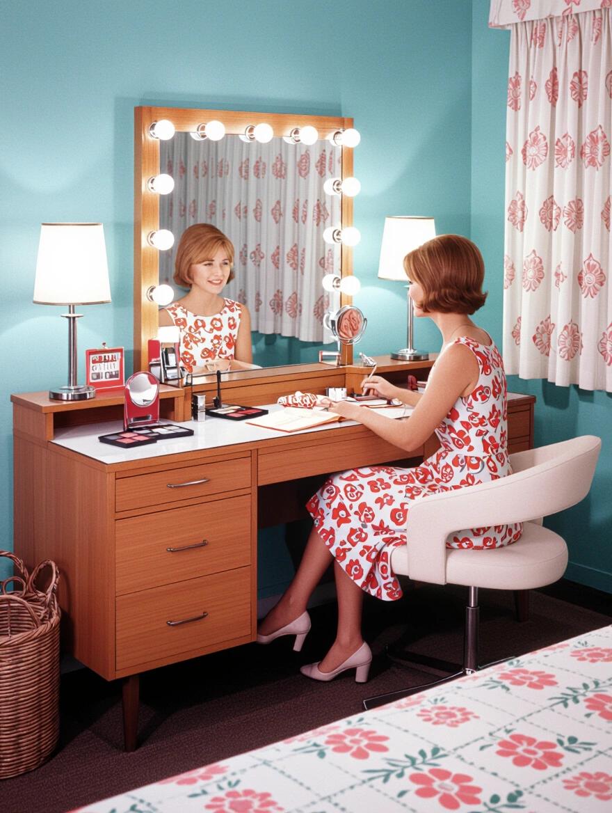 1960s woman seated at a make-up vanity in a bedroom. Decorative turquoise wall and floral patterns on curtains and bedding. Woman wearing floral dress and heels, applying makeup while looking in the mirror.