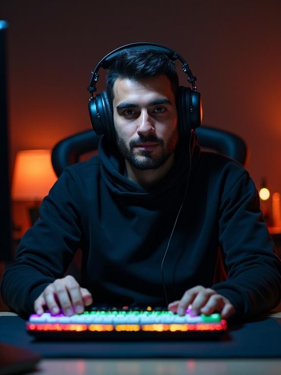 A hyperrealistic photo captures a father in his 30s seated at a gaming setup. He wears black techwear with orange accents. In front: a black wired gaming microphone, USB-powered black desktop speakers, and a white and green 88-key wired mechanical keyboard. Soft cinematic ambient lighting fills the cozy, dim-lit room with colorful RGB reflections on his hands and desk. The background is matte black with subtle tones. Camera focuses on his face and illuminated devices.